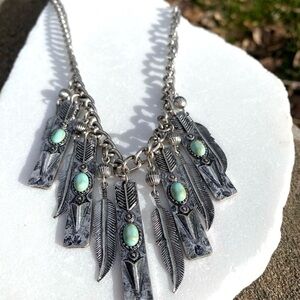 Southwestern Silver Tone Feathers and Faux Turquoise Statement Necklace Country